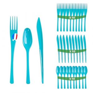 Set 30 couverts turquoise en plastique dur - Fabriqu&eacute;e en France - M&eacute;nag&egrave;re bleue de 10 fourchettes, 10 couteaux, 10 cuill&egrave;res - R&eacute;utilisables et recyclables - Passe au lave vaisselle - Table'Colors (VAISSELLE DISCOUNT, neuf)