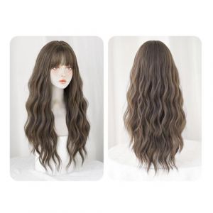 Perruque Avec Frange Perruque ondul&eacute;e marron naturel for femme, longue perruque ondul&eacute;e boucl&eacute;e, aspect naturel, perruque en fibre synth&eacute;tique r&eacute;sistante &agrave; la chaleur, adapt&eacute;e aux mariages, concerts e (yingyingyy, neuf)