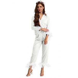 Pyjama &agrave; plumes pour femme, ensemble de pyjama long en satin de soie, ensemble de 2 pi&egrave;ces, ensemble de pyjama pour demoiselle d'honneur, mari&eacute;e, ensemble de pyjama de mariage, blanc, M (yemingzhushangmao, neuf)