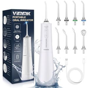 VIMMK Jet Dentaire Hydropulseur et Irrigateurs Oral avec 5 Modes de Pression d'eau et 8 Embouts Remplaçables, Rechargeable et Étanche IPX7, Réservoir 300ML (Blanc) (CRISTINICA I.B. STORE S.R.L., neuf)