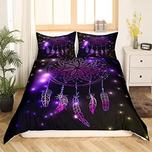 Homemissing Ensemble de literie Violet Dreamcatcher Fille Femme Boh&ecirc;me Plume Housse de Couette Tribal Exotique Mandala Dreamcatcher Literie 240x260cm avec 2 taie d'oreiller 65x65cm (Bofanshangmao, neuf)