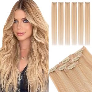 TESS Extension Cheveux Naturel Clip Double Trame 6pcs 31g, un Clip in Hair Extensions Human Hair,Rajout Cheveux Clips Naturel #18R/613R Beige Sable Blond/Blond Clair Lumineux 25cm (TESS Official, neuf)