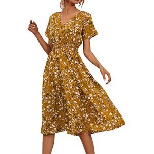NNGOTD Robe Ete Femme Mi Longue sans Manche Tunique Robe mi-Longue Robe trapèze à Manches Courtes Robe Robe à Col V Poches Robe maternité Robe Short Femme Intégrée Jaune XL (BAULMD（90% Big Promotion Without Discount Code ）, neuf)