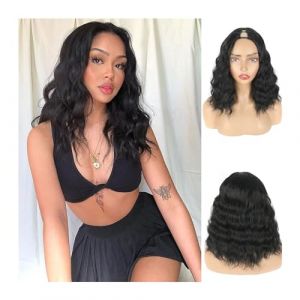 Perruques de cheveux V Part Bob perruques vague naturelle perruque noir court Bob ondulé perruque synthétique for les femmes noires bouclés Bob perruque demi perruques sans laisser de côté pour femmes (huangjunGB168, neuf)