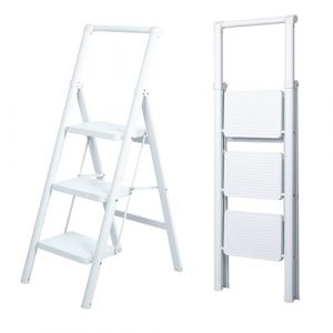 UZIRO Escabeau 3 Marches, Escabeau Pliable et Compact, Echelle D&eacute;corative avec Marche Pied Antiscivolo, Id&eacute;al pour Maison, Peinture et D&eacute;coratif, Durable, Facile &agrave; Ranger, Couleur Blanc (TOPACTIVE, neuf)