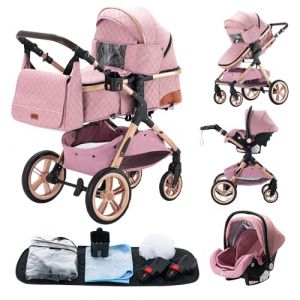 YAZOCO Poussette 3 en 1, Poussette Canne, Trio, Poussette Bebe, Landau Bébé, Accessoires pour sièges, Sac de maman, Nacelle, Grandes Roues (5 Rose) (YAZOCO BRAND STORE, neuf)
