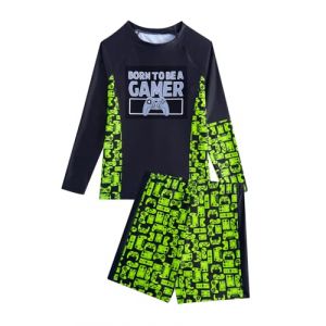 JiAmy Maillot De Bain pour Garçons Été, Maglia À Manches Longues Imprimé Dégradé Console De Jeu, Short, Protection UV, Taille 8-14 Ans (JiAmy-EU, neuf)