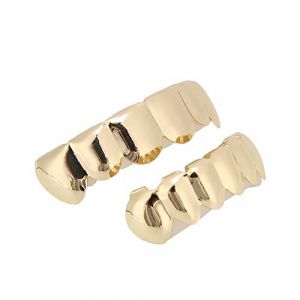 Or Argent Dents Grillz pour Hommes Femmes, Hip Hop Argent Or Grills pour Vos Dents Haut et Bas, Rappeur Costume Dents Bijoux Accessoires (Ensemble Or Brillant (Placage Or Véritable)) (Cimenn, neuf)