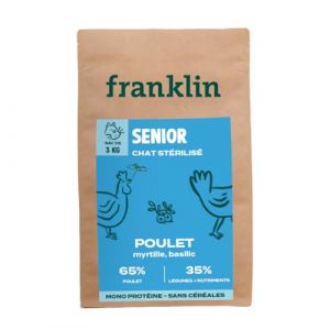 Franklin Carnivore – Croquettes Chat Senior – 3kg – 65% de Volaille – sans Céréales – Vitalité – Articulations – Taille 9mm – Poulet, Myrtille, Basilic (Franklin Pet Food, neuf)