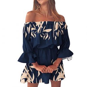 robe bustier femme courte et evasee casual robe ete manche 3/4 &agrave; Volants imprim&eacute; fleurs fantaisie robes chic et elegant sexy d'&eacute;t&eacute; epaule denudee robes fleurie grande taille d&eacute;contract&eacute;e (Navy, M) (XNme SW, neuf)