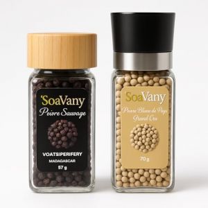 SaVany Coffret Poivre Gourmet, Poivre Sauvage de Madagascar Voatsiperifery 57g et Blanc de Penja Grand Cru du Cameroun 70g avec Moulin &agrave; &Eacute;pices C&eacute;ramique (SARL DOLCECREMA, neuf)
