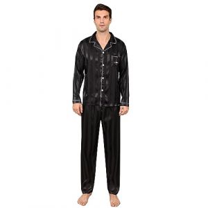 RuanMM Ensemble Pyjama en Satin Soyeux pour Homme, Haut à Manches Longues et Pantalon Long, vêtements de Nuit Soyeux pour Homme (Rayure Noire-XXL) (Shanghai PinShan Industrial Co., Ltd., neuf)