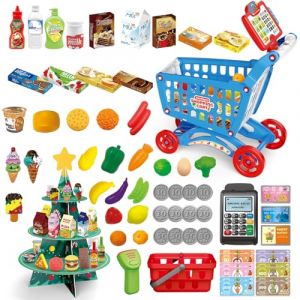 RedCrab Chariot de Supermarché pour Enfants avec Caisse Enregistreuse et Étagère pour Sapin de Noël, 84pcs Kit Jeu de Cuisine Jouet de Magasin, Jeu de Rôle à Partir de 3 Ans(Bleu) (RedCrab -EU, neuf)
