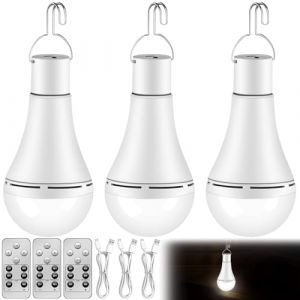 GBKDQQ Pack de 3 ampoules rechargeables USB, ampoule LED &agrave; pile 12W avec crochet et t&eacute;l&eacute;commande, ampoules LED 3 modes &agrave; piles, lampe de camping &eacute;clairage de secours (ELENASI, neuf)