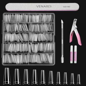 Faux Ongles avec Colle, Venares 500 Pi&egrave;ces Capsules Ongles Transparent Pose Americaine Ongle avec Colle, Limes &agrave; Ongles, Coutellerie Ongles, Pousse-cuticules, Kit Capsule Ongle Gel (Vanares-EU, neuf)