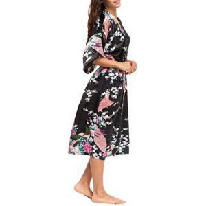 Femme Robe de Chambre Longue Imprim&eacute; Paon Fleur - Robe de Nuit Style de Kimono en Soie M&eacute;lang&eacute; - Noir - Taille 3XL (PYOUEU, neuf)