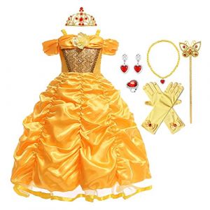MYRISAM Filles Princesse Belle Robe de Carnaval Hors Épaule Costume de la Beauté et la Bête Halloween Cosplay Fancy Dress up Déguisements Cosplay Cérémonie Anniversaire avec Accessoires 6-7 (MYRISAM store, neuf)