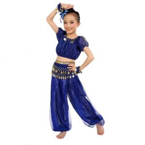 Costume Danse Indienne Enfant Tenue BolIywood Fille Ensemble Belly Dance avec Haut, Pantalon, Ceinture, Voile et Bracelets Déguisement Spectacle, Fête, CarnavaI, Danse (Z01-Blue, 6-7 Years) (AncientCrab, neuf)