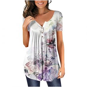 Chic Et &Eacute;l&eacute;gant Chemisier Femme Manches 3/4,T Shirt Imprim&eacute; Fleurs avec Pliss&eacute;,Tee Shirt Col en V Blouse De Boheme Hauts avec Boutons,D&eacute;contract&eacute;e Tunique &Eacute;t&eacute; Plage Travail Tunique Tops (Wyongtao❖, neuf)