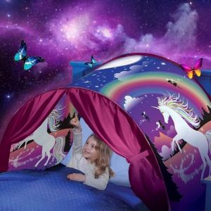 FLAYOR Dream Tents - Tente de Lit Enfants Tentes de R&ecirc;ve Pliable Pop Up Lit Tents Playhouse de Tente Enfant Jouer Tentes Cadeaux de No&euml;l (Licorne+LED Cha&icirc;ne) (FLAYOR, neuf)