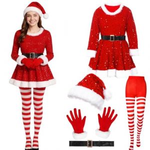 HarnyLoom Deguisement Mere Noel Femme Robe M&egrave;re Noel Costume Adulte Tenue Santa Chapeau Gants Pantalon F&ecirc;te No&euml;l Cosplay (XL) (HarnyLoom, neuf)