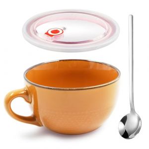 Grande Tasse à Café, 700ml Bol D'avoine, Grande Tasse à Thé, Tasse à Lait, Bols à Café avec Anse, Réutilisable Bol à soupe en éramique Avec Couvercle et Cuillère, Tasse à Soupe, Pour Ménages(Orange) (HXXWEUS STORE, neuf)