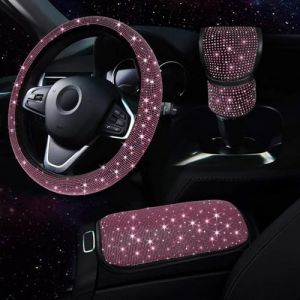 Pumwoy Couvre Volant Paillette Strass, Couvre Volant Universelle en Cristal 36-38cm, Bling Bling Couverture Volant Voiture Strass Housse de Volant à Paillettes Bling (Rose) (Fenebity, neuf)