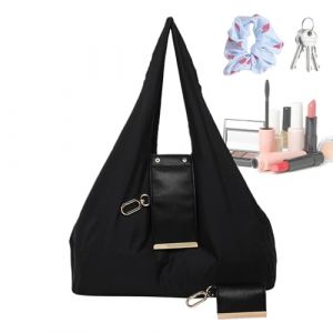 Sac fourre-tout pliable, pochette en cuir synth&eacute;tique avec porte-cl&eacute;s, sacs fourre-tout en cuir, sacs d'&eacute;picerie lavables pour le travail, le shopping, le pique-nique, les sorties quotidiennes, Noir (Geowu, neuf)
