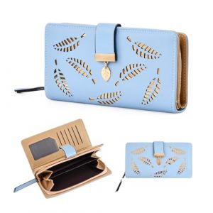 Portefeuilles et Porte-Cartes Femme Grand Format, Portefeuille &agrave; Boutons-Pression en Forme de Feuille, Porte Chequier Monnaie Femme Cuir Wallet, Portafoglio Donna, 11 Emplacements de Cartes (Bleu) (xingyulong, neuf)