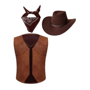 Aislor Costume D'halloween Enfant Fille Gar&ccedil;on Cowboy Chapeau Gilet Foulard Ensemble D&eacute;guisement Enfant Western Cowboy Cowgirl Carnaval Photographie Marron 7-8 ans (Aislor EU, neuf)