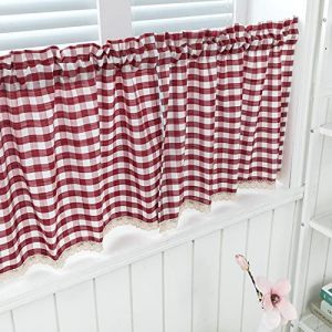 A.Monamour Rideau de Cuisine Court pour Petit Fen&ecirc;tre Lin Opaque Motif &agrave; Carreaux Rouge Dentelle Blanche Rideau Brise-bise Rideaux &agrave; Disques Panneaux de Rideaux Cantonni&egrave;res Demi Rideau Passe-Tringle (A.Monamour Boutique, neuf)