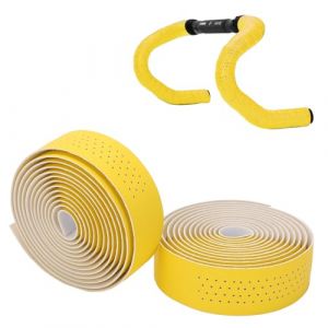 Tissting 2 Pièces Bande de Guidon en Cuir 200 x 3 cm 3mm épaisseurs PU EVA, Jaune Auto-Collante Poignée de Vélo Sangle Arrière Adhésive pour Vélo de Route (Tomoerd, neuf)