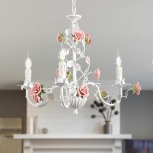 meibeileil Lustre Blanc Vintage,Lustre Salon En MéTal Avec Rose En CéRamique Fleurs,Suspension Luminaire à Bougies E14 FrançAise Pour Chambre Salon Salle à Manger Cuisine,3 LumièRes (XSRK, neuf)