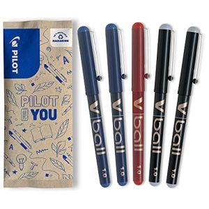 PILOT V-Ball 1.0 Lot de 5 stylos roller à encre liquide à pointe large - Séchage rapide, anti-fuite, couleur vive, 2 Bleu, 1 Rouge, 2 Noir, 5 Unité (Lot de 1) (EIC/RICOH, neuf)