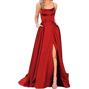 HAHAEMMA Robe Longue élégante pour Femme avec Poches Satin Ligne A sans Dos Robe de soirée Sexy Dos Nu Spaghetti Robe de mariée Robe de Princesse Robe de Demoiselle d'honneur(RE-XL) (EMMA'S CLOTHING, neuf)