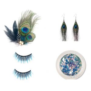d&eacute;guisement femme carnaval accessoire paon 1 lot complet avec faux cils longs bleus, boucles d&rsquo;oreilles, headband plumes et paillettes pour soir&eacute;e d&eacute;guis&eacute;e Gatsby ann&eacute;es 20 Halloween (hny1122, neuf)
