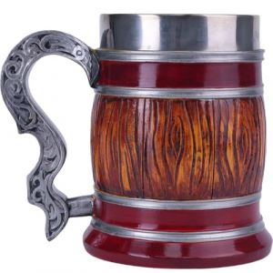 ZONSUSE Chope en Tonneau, Chope &agrave; Bi&egrave;re M&eacute;di&eacute;vale, Tasse &agrave; Bi&egrave;re R&eacute;tro, Ext&eacute;rieur Imitation Bois Rouge avec Int&eacute;rieur en Acier Inoxydable, Idee Cadeau pour Homme Anniversaire Festival 600ml(F&ucirc;t) (SUSEN-EU, neuf)