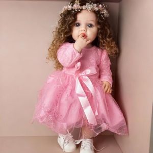 LFdolls Poup&eacute;e R&eacute;aliste en Vinyle 55 cm, Robe Rose avec Dentelle, Cheveux Boucl&eacute;s, Collection B&eacute;b&eacute; bebe Reborn Fille Realiste Fait &agrave; la Main Nouveau-n&eacute; Poup&eacute;e Reborn Fille Cadeau de No&euml;l (Liang Fei, neuf)