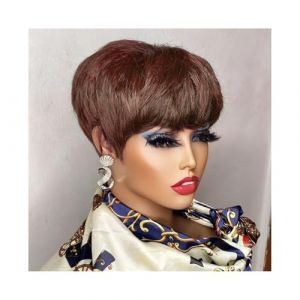 Perruques de cheveux humains Perruques courtes en couches de cheveux humains de Pixie pour les femmes noires Perruques de cheveux humains avec frange Perruques pour femmes(brun chocolat) (linjie20248, neuf)