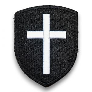 Ecusson Patch Blason Croix Chrétienne Blanche sur fond noir brodé avec dos scratch et support à coudre Offert - Taille 8x6,4CM (amalric France, neuf)