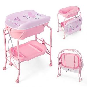 COSTWAY Table à Langer 2 en 1 avec Baignoire 20L Plateau de Rangement, Commode à Langer Pliable Couches Étanches Roue Universelle à Frein Charge 35KG, pour Bébé 0-12 Mois (Rose) (FDS GmbH, neuf)