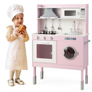 GOPLUS Cuisine Enfant, Jouet de Cuisine avec Effect Sonore et Lumi&egrave;re, Dinette Enfant d'Imitation R&eacute;glable en Hauteur avec 16 Accessoires, Horloge, Rangement, pour Gar&ccedil;ons Filles 3 Ans+, Rose (Augenstern24, neuf)