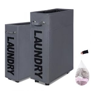 Caroeas Panier à Linge 70L avec Roulettes, Pliable et Étroit, Grande Capacité, Bac de Rangement sur Roues pour Petit Espace，Gris (Kailuo Europe, neuf)