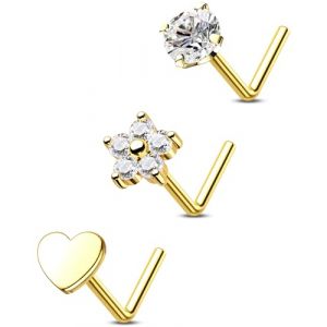 OUFER Lot de 3 piercings de nez en titane 20 g, anneaux de nez en forme de L en forme de c&oelig;ur et de fleur, bijoux de piercing de narine en or de 6 mm, bijoux fins en diamant cubique pour femmes (Yisha Jewelry, neuf)