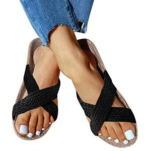 Dasongff Tong Plates Simple Jaune en Paille Femme Été Bande Croisée Sandales Corde Femme Été Nu Pied Femmes Plage Piscine Élégant Espadrilles Tong Sandale Ado Fille Bout Ouvert Slip-on Mode (ELECTRI, neuf)