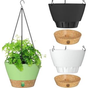 LATERN 3 Pièces Pot de Fleurs Suspendu en Plastique, 25cm Pots de Fleurs à Arrosage Automatique Panier à Plantes Suspendu - avec Plateau de Niveau d'eau Visible, Trou de Drainage, Crochets de Chaîne (QINGJIN-EU, neuf)