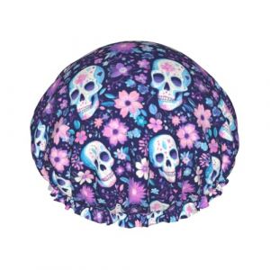 Bonnet de douche, t&ecirc;te de mort, rose, fleur violette pour femme, r&eacute;utilisable, imperm&eacute;able, bonnet de douche pour douche, double couche &eacute;lastique pour cheveux longs (JQMY-EU, neuf)