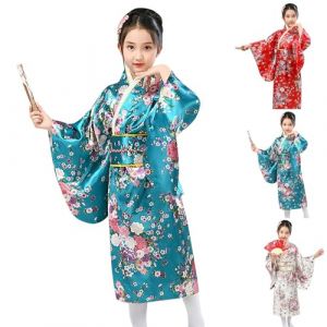 G&eacute;n&eacute;rique Kimono Japonais pour Filles Enfant Fille Peignoir Satin Pyjama Kimono Robe de Chambre &agrave; Manche Longue Fille Peignoir Mariage F&ecirc;te Performance Robe (Blue, 7-8 Years) (Beythetly, neuf)