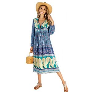 R.Vivimos Femmes Robe de Plage &agrave; Manches Longues &agrave; imprim&eacute; boh&egrave;me Chic d&eacute;contract&eacute; Robe &eacute;l&eacute;gante Longue midi Robe de Vacances(S,Blue) (Jian Mei E-commerce Co., Ltd., neuf)