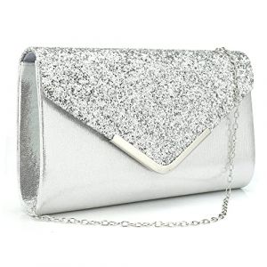 Milky Way Pochette Enveloppe Soirée Sac à Main Mariage En Paillettes Brillan Bandouliere Chic Et Elegant Clutch Argenté Avec Chaîne pour Femme Argent (Royalmal, neuf)